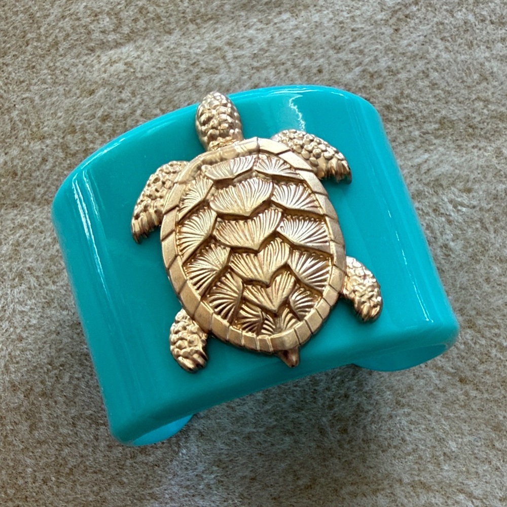 Mud Pie Turquoise Cuff Bracelet with Gold Turtle Accent Nautical Wide Bangle